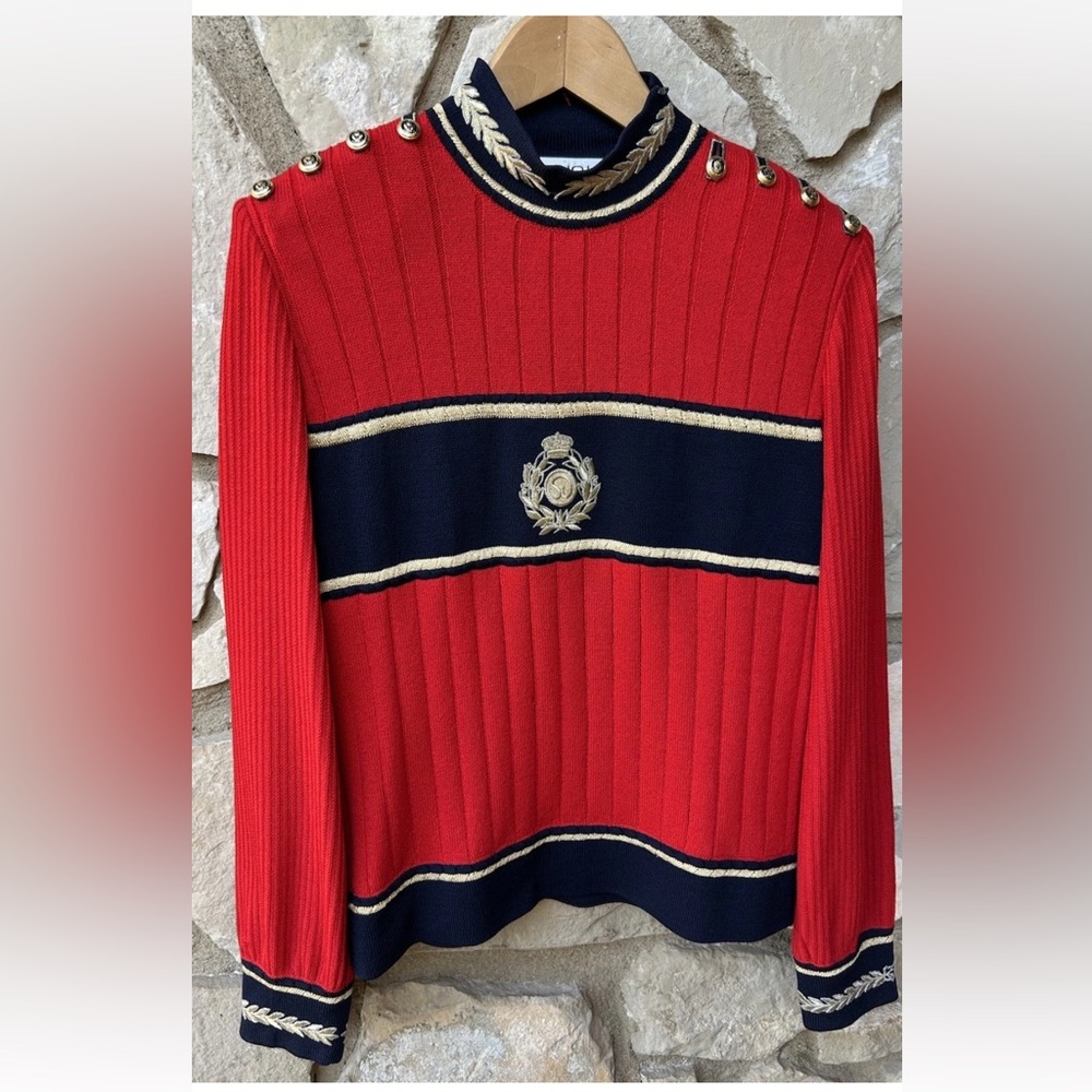 Vintage St John Collection Marie Gray Sweater Small Red Gold Shoulder Buttons